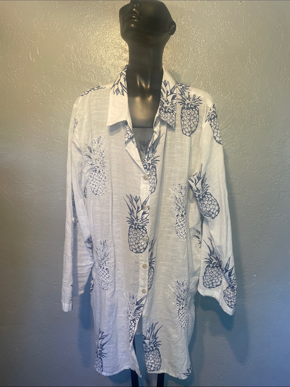 blue island White Button-Down Shirt with Navy Pineapple Print cotton